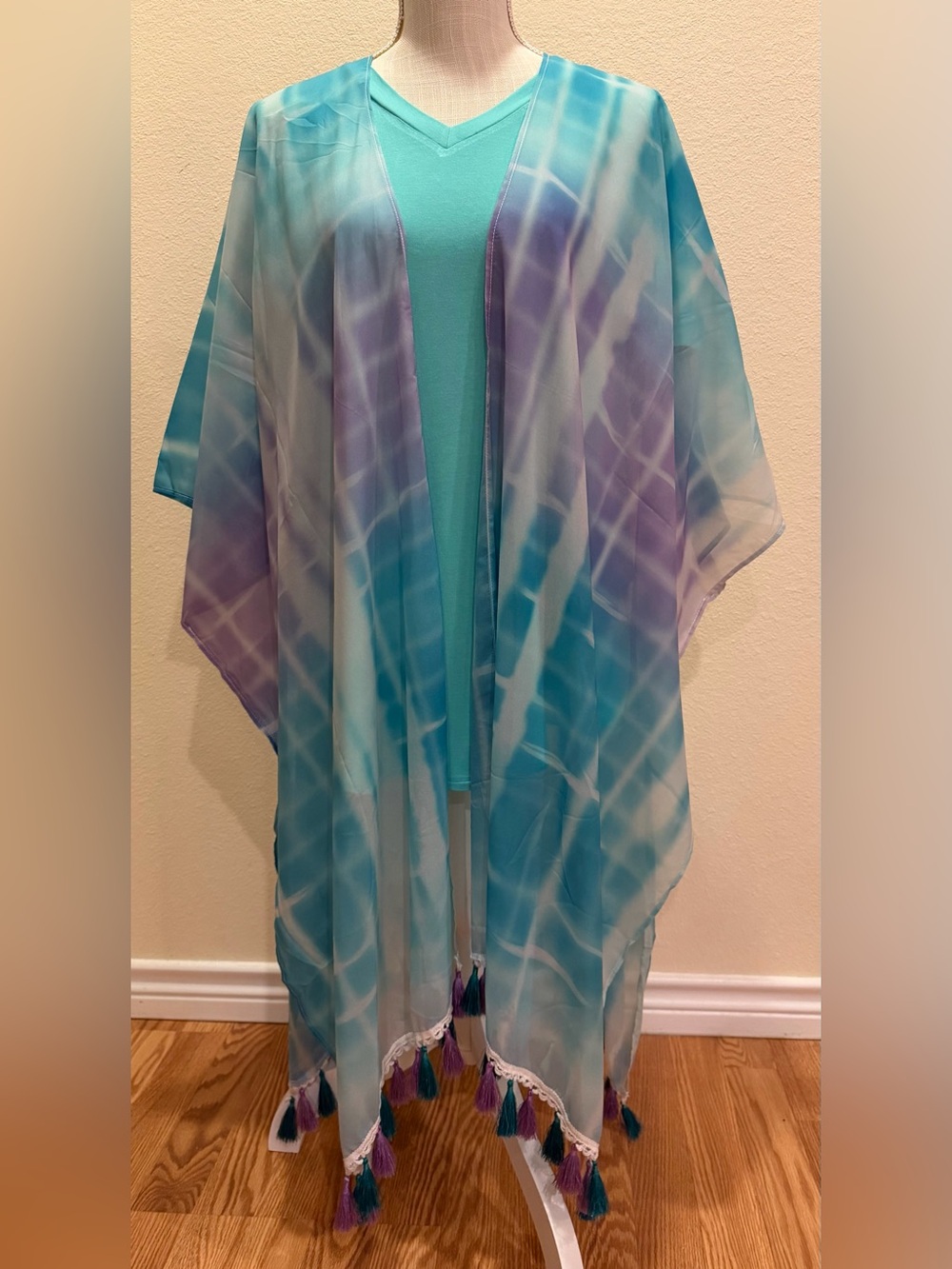 NWT JESS LEA Sheer Tie-Dye Tassel Kimono or Swim Cover Up Aqua & Lavender